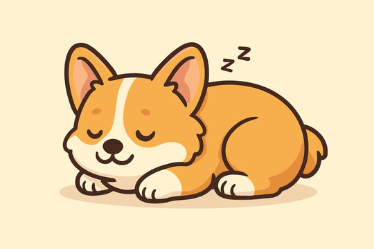 Cute cartoon Corgi dog sleeping. Adorable Pembroke Welsh Corgi puppy napping peacefully. Kawaii animal character design. Vector illustration for pet care, nursery, or veterinary.