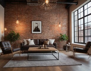 A Modern Living Room with Exposed Brick Walls and Industrial Lighting