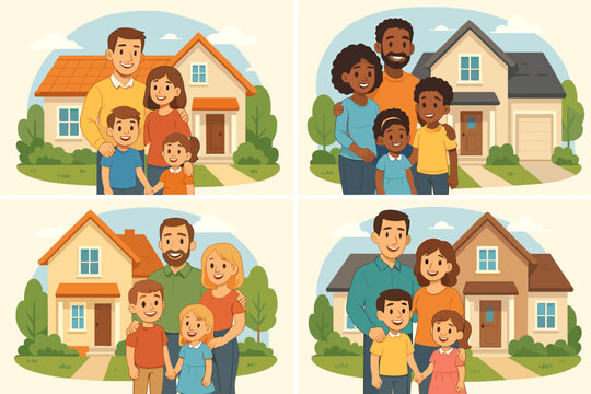 Happy diverse family at new home vector set. Multicultural parents with children standing in front of their house. Homeownership, real estate, mortgage, property concept.