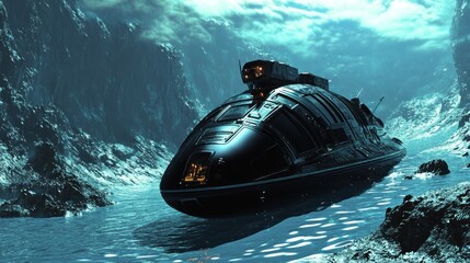 Futuristic vessel navigating a glacial waterway