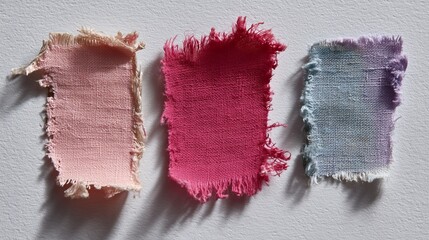 Torn fabric scraps on plain white background, minimalist textile decay, soft destruction