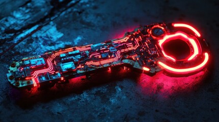 Futuristic key with glowing circuits