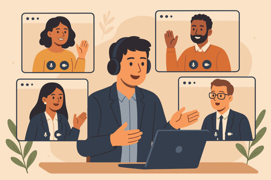 Virtual team meeting with diverse colleagues on video conference call. Man with laptop leading an online presentation. Remote work, business collaboration, and webinar concept.