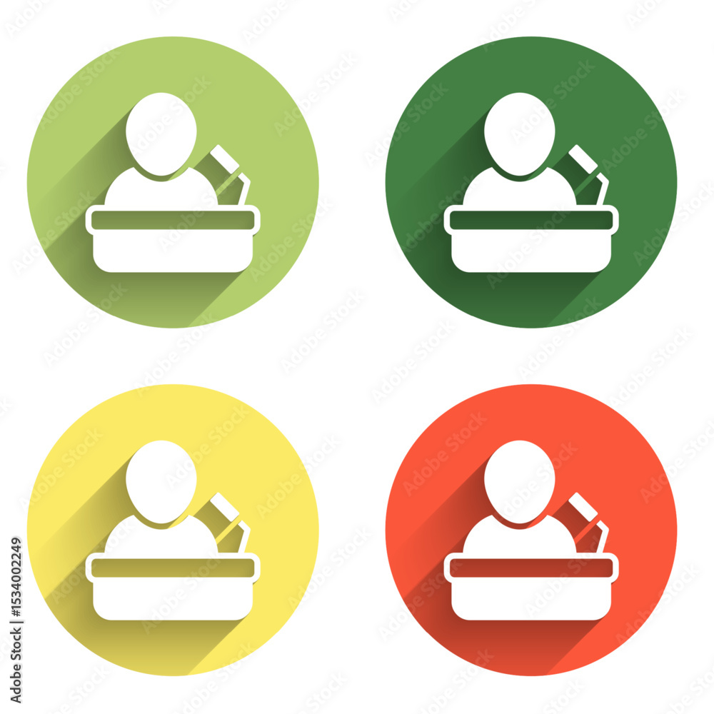 Poster set speaker icon isolated with long shadow background. orator speaking from tribune. public speech. 