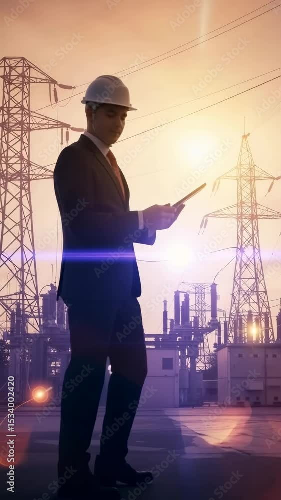 Poster man in hard hat inspecting power grid. electrical engineer checking substation operation with tablet