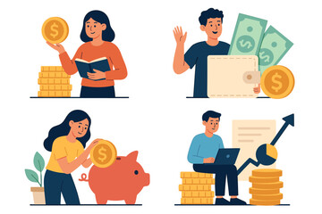 Financial literacy vector set. People managing personal finance, saving money in piggy bank, investing for growth. Financial education, budget planning, wealth building concepts.