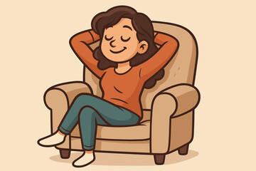 Relaxed woman sitting in a comfortable armchair, enjoying a peaceful moment. Concept of self care, mental wellbeing, stress relief, and a cozy home lifestyle. Cartoon vector.