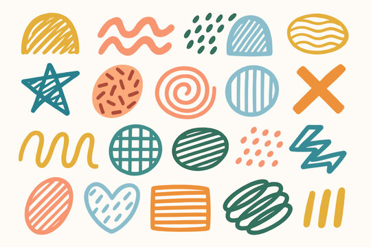 Abstract shapes collection. Hand drawn doodle objects set. Trendy geometric forms with minimalist textures. Vector illustration for modern design, backgrounds, and decorative elements.