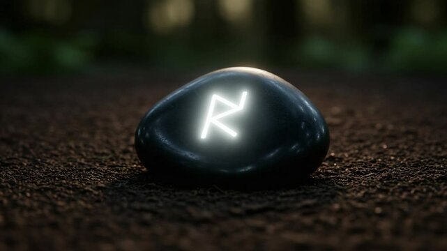 Glowing Rune Stone on Forest Floor at Dusk