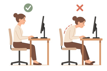 Good and bad posture when sitting at a computer. Woman demonstrating correct vs incorrect spine alignment. Office ergonomics for health. Back pain prevention, hunchback concept.