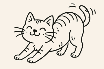 Cute cartoon cat stretching. Funny happy kitten character in simple line art style. Adorable tabby pet doodle illustration. Minimalist vector graphic for pet care or design.