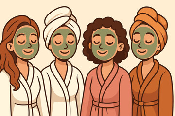 Diverse women in bathrobes with facial clay masks. Friends enjoying a spa day together. Concept of self-care, beauty, skincare, pampering, and wellness. Cosmetology vector art.