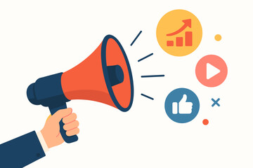 Digital marketing concept with hand holding megaphone. Social media promotion, advertising, and business growth. Vector illustration with like, play, and analytics chart icons.