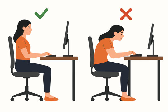 Proper and improper sitting posture comparison. Woman at office desk with computer. Ergonomic correct versus incorrect position for spine health. Bad posture causing back pain. Vector.