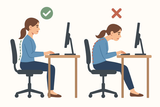 Proper vs improper sitting posture. Woman at computer desk showing correct and incorrect position for spine health. Ergonomic guide to prevent back pain and office syndrome.