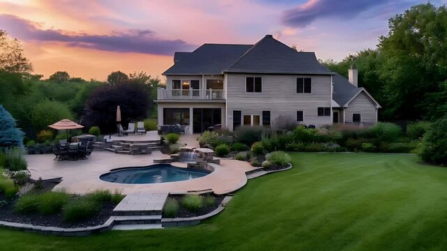 Sunset view of a large home with a backyard pool and landscaping.