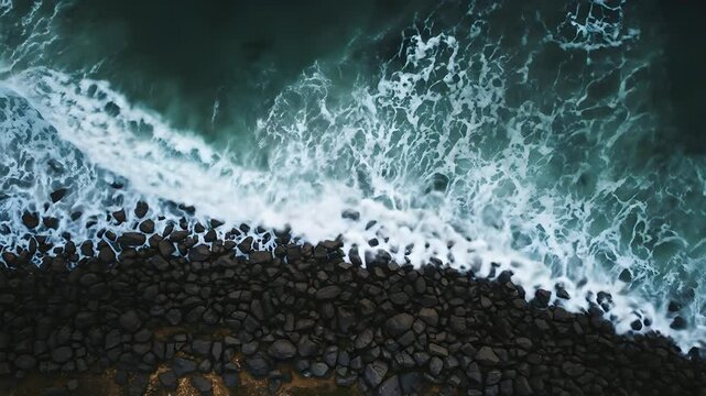 Aerial view of ocean waves crashing on rocky shore