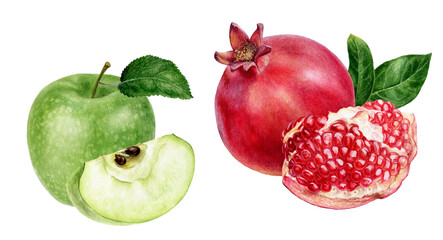 Watercolor Realistic Green Apple and Pomegranate Illustration, Vibrant Fruit Duo