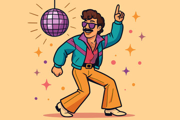 Funny cartoon man dancing at 80s retro disco party. Groovy character with mustache in 70s vintage clothes under a disco ball. Nightclub music celebration vector illustration.
