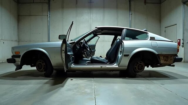 Abandoned Silver Classic Car in a Garage Interior Setting