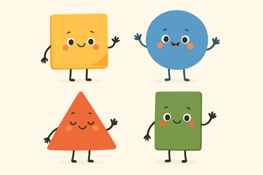 Cute geometric shape characters set. Cartoon mascot collection with square, circle, triangle and rectangle. Happy smiling figures for kids education. Playful basic forms vector.