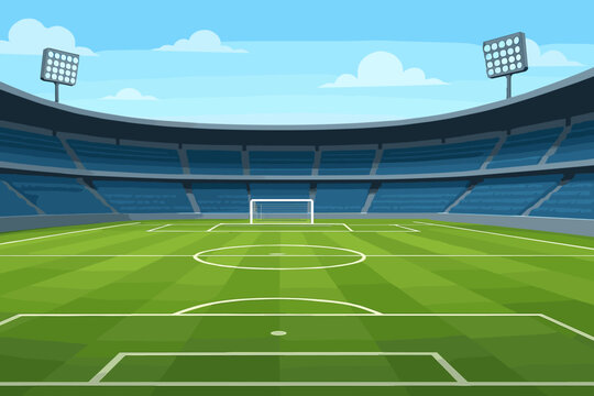 Empty soccer stadium background. Football field with green grass, goal post, and blue tribunes. Sports arena with floodlights for championship game. Cartoon vector illustration.