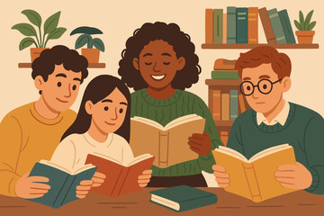 Diverse group of young students in a literature club reading books together. Multicultural friends studying in a library or bookstore. Concept of education, learning, and community.