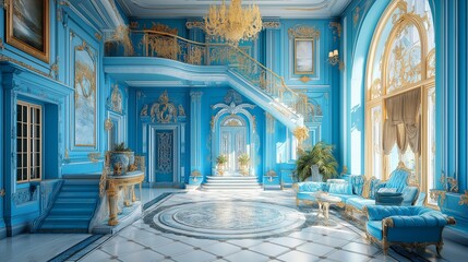 Obraz premium Grand royal palace interior with ornate blue and gold decoration.