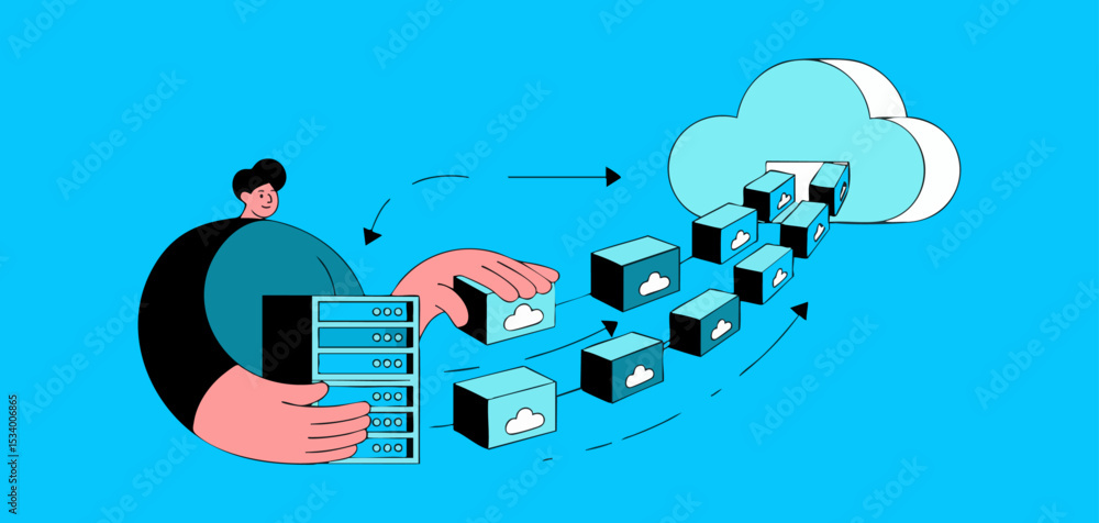 Poster it specialist moving server data blocks to cloud storage, vector illustration for cloud migration, d