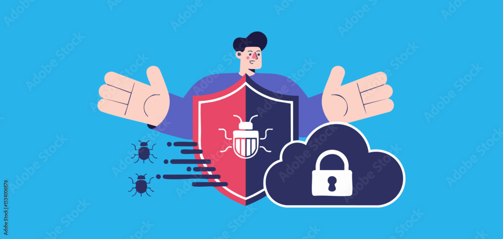 Poster it security professional with shield protecting cloud data from bugs, vector illustration for cloud 