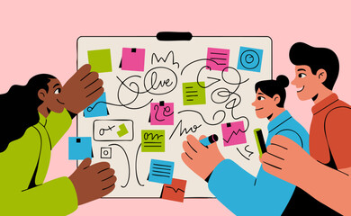 team of creative professionals brainstorming on whiteboard with sticky notes, vector illustration for collaborative session, co-working idea generation and project planning