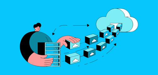 it specialist moving server data blocks to cloud storage, vector illustration for cloud migration, data transfer process and digital infrastructure transformation