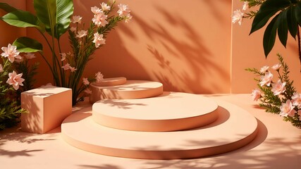 Peach Blossom Display with Tropical Leaves