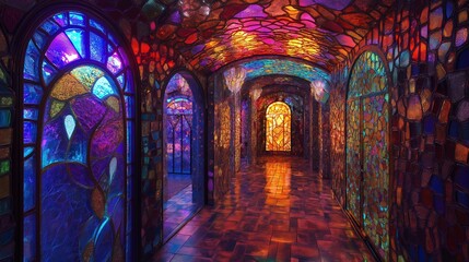 Obraz premium A large hall with arched windows reflecting vibrant pink, purple, and blue lights.