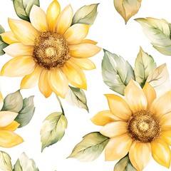Fototapeta premium Delicate watercolor illustration of sunflowers and leaves.