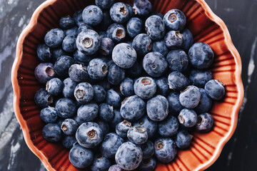Fresh blueberries in red ceramic bowl. Juicy healthy berries on dark marble background. Rustic natural style. Closeup macro of vitamin fruit. Top view food photography for clean kitchen themes.