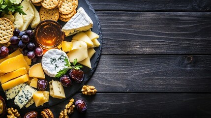 A cheese platter on a round slate board featuring a variety of gourmet cheeses, grapes, walnuts, crackers, and a jar of honey