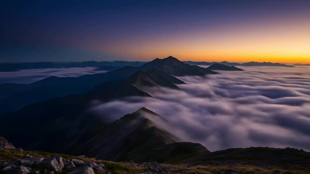 Majestic sunrise over mountain peaks with colorful sky and morning mist