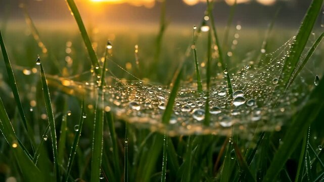 Dew drops on spiderweb in grass at sunrise with sparkling morning light