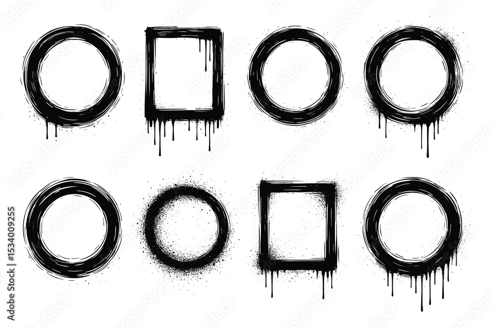 Poster set of grunge style black ink circle and square vector frames.