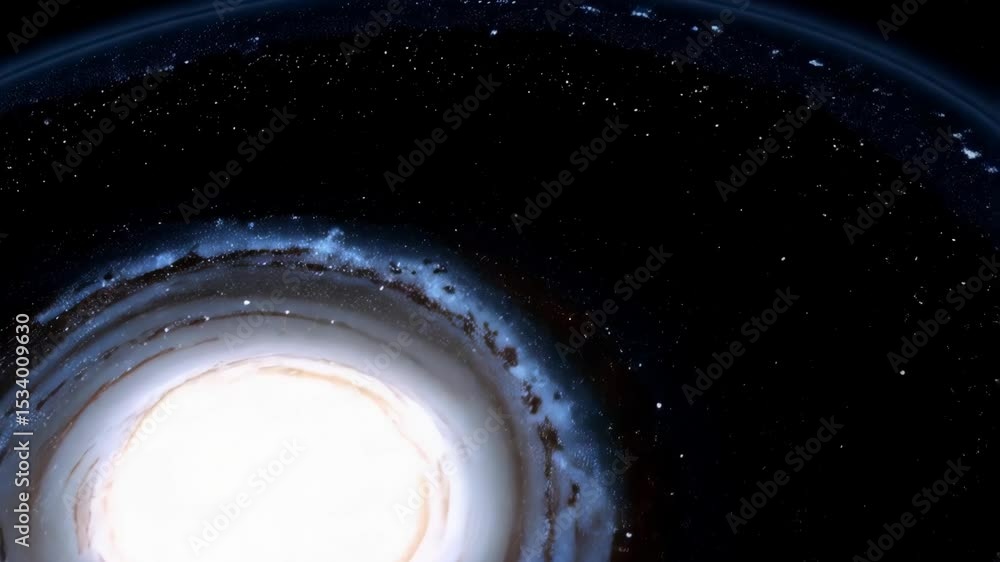 Poster rotating spiral galaxy with bright center and dark outer edges floating in deep space, surrounded by