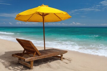 Beach vacation with yellow umbrella and wooden lounge chair