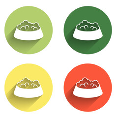 Set Pet food bowl for cat or dog icon isolated with long shadow background. Dog or cat paw print. Color circle button. Vector