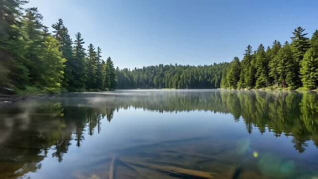 Serene forest lake with perfect reflection of trees and blue sky