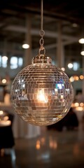 Fototapeta premium Sparkling Disco Ball Hanging Ornament Party Decor Festive Lighting Mirrored Sphere