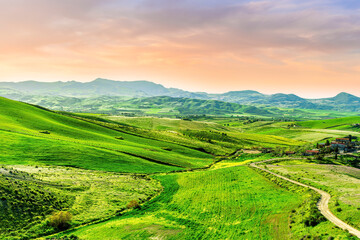 beautiful spring colorful flowering meadow with bright green hills of farm grassland and rustic path road leading far away to countyside valley and vivid sky of landscape
