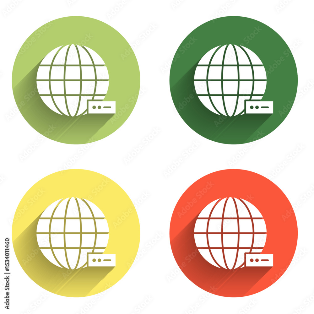 Poster set global technology or social network icon isolated with long shadow background. color circle butt
