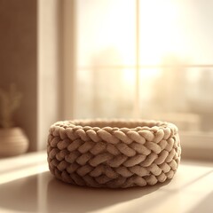 Obraz premium Soft cozy beige knitted basket placed on a smooth surface in warm natural light filling room ambiance.