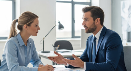 Obraz premium Business meeting concept. Businessman manager discussing project with businesswoman colleague. Professional teamwork, collaboration, negotiation, job interview, partnership in corporate office.