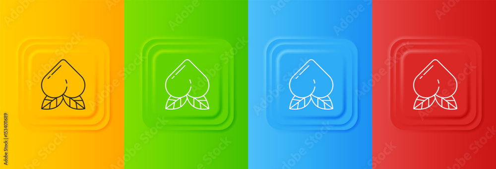 Poster white peach fruit or nectarine with leaf icon isolated on colorful background. set icons in square b